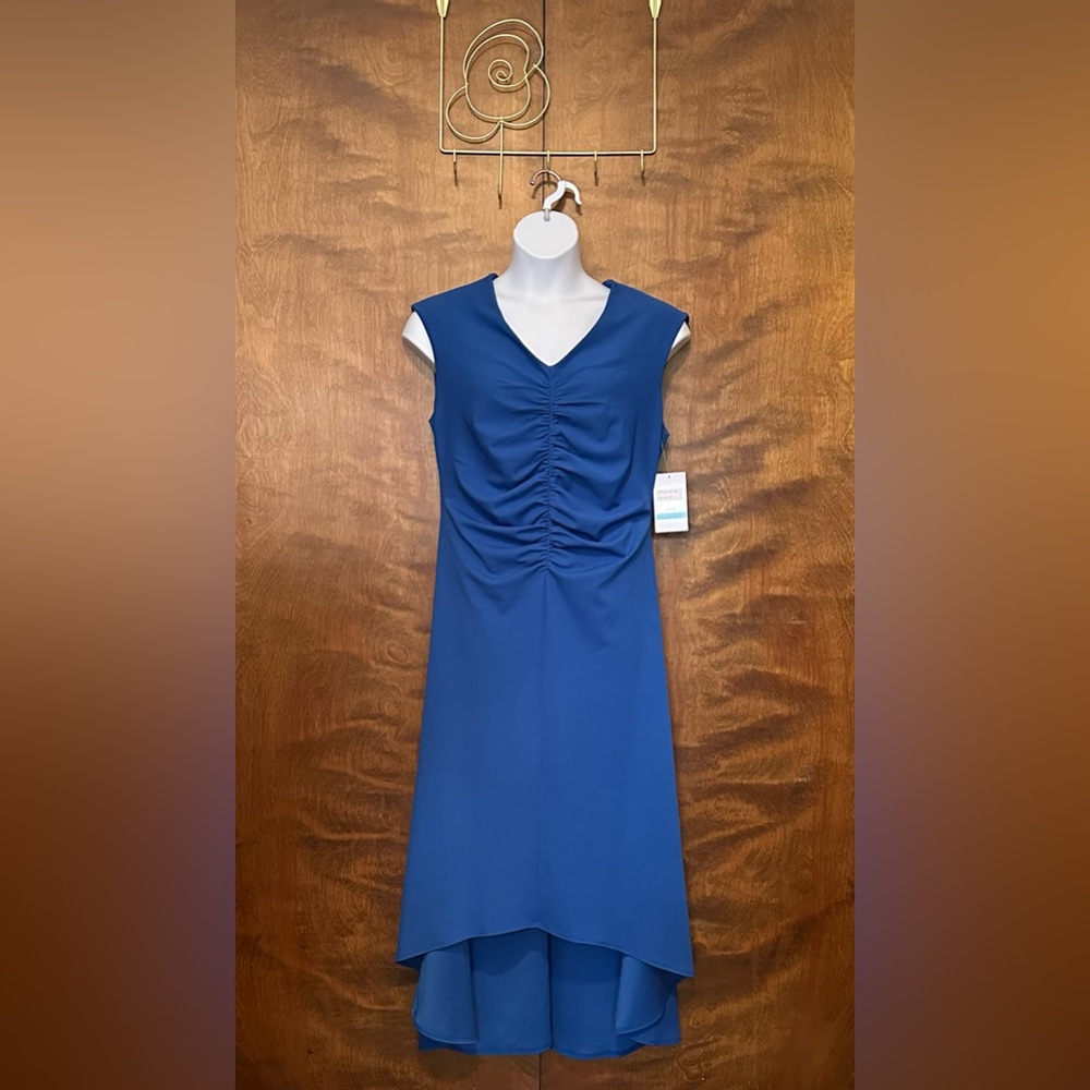 Maison Tara Cap Sleeve Ruched Front Midi Dress Womens 16 Blue High-Low Hem NWT